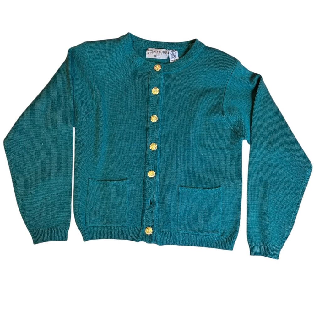Vintage 100% Pure Wool Cardigan Gold Crest Buttons SMALL PETITE Green Woolmark
